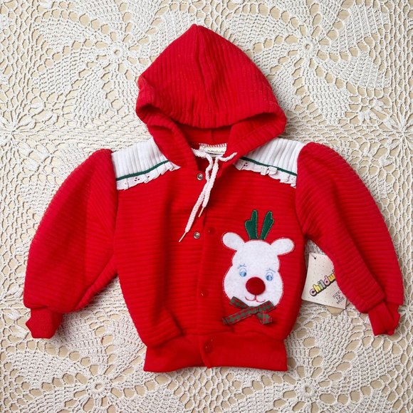 Vintage 1990s Childwise Baby Girl 12 Months Reindeer Applique Hooded Sweatshirt - Picture 1 of 4